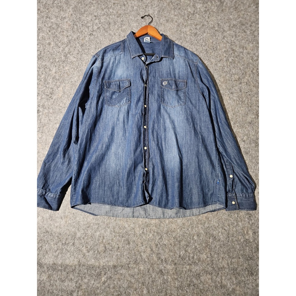 Volvo Iron Mark Denim Pearl Snap Organic Cotton Long Sleeve Button Down Blue 2XL